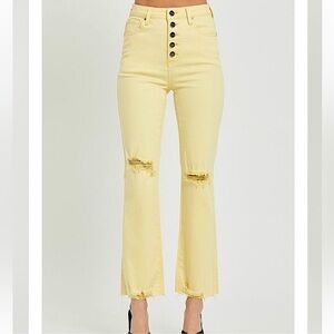 High-Rise Yellow Distressed Flare Jeans